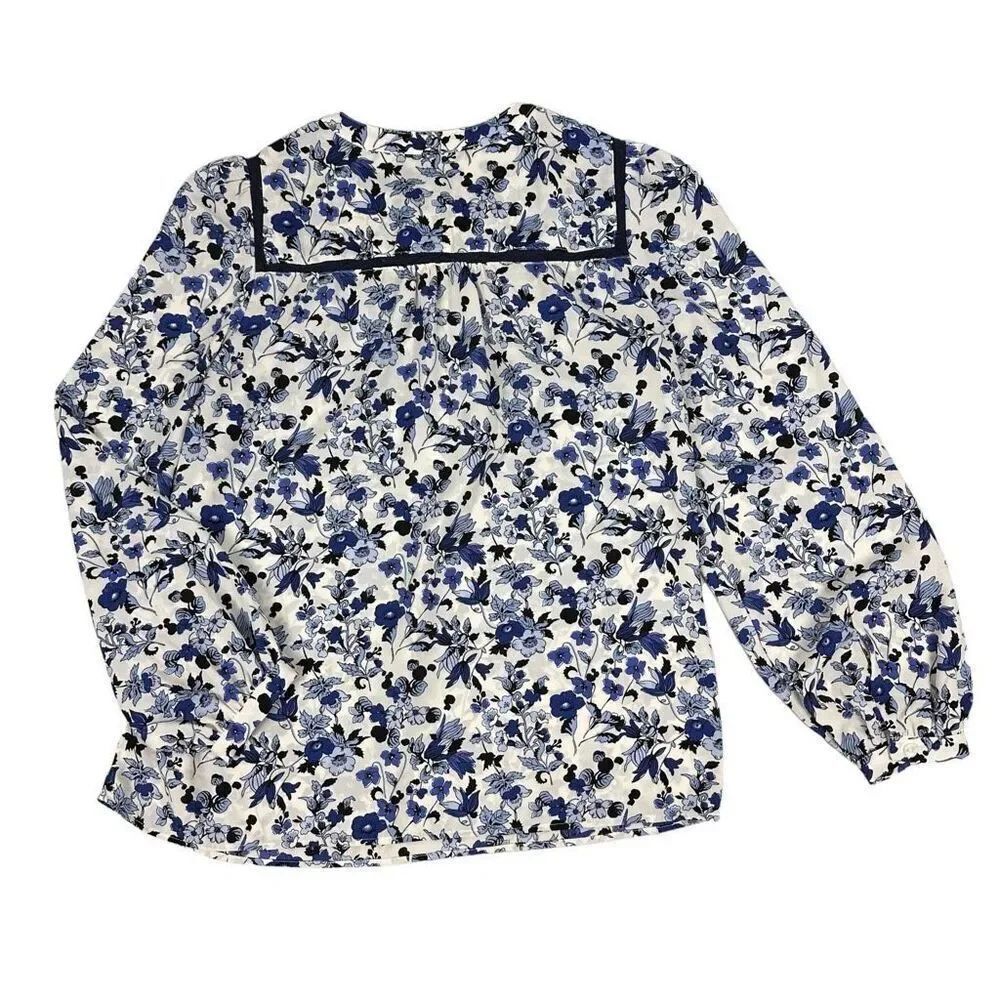 Talbots Crochet Trim Pullover Size P Petite Blouse 3/4 Sleeve Cream & Blue